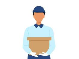 A young man delivery holding courier box for deliver to customer vector illustration. Delivery service and online shopping concept