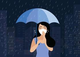 Beautiful woman coughing and sneezing holding umbrella and tissue suffer from running nose and fever. vector illustration. Health care and illness concept .