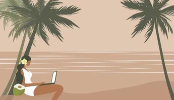 Workcation. Working on vacation concept. Woman working on laptop on beach summer vacation vector illustration