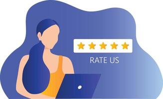 Customer review woman gives 5 stars rating feedback icon and  level excellent rank to review the service vector illustration. User rating, customer satisfaction and feedback