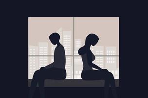 Depressed couple sitting back to back in the dark room. Depression, Intimate, quarrel, conflict, married or sexual problems in couple vector illustration
