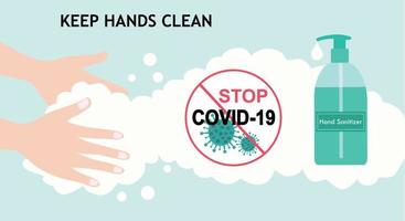 Hand sanitizer pump bottle and stop COVID-19 sign. Hands applying on hand sanitizer washing to protect COVID-19 coronavirus disease outbreak vector illustration. New normal after covid-19 concept