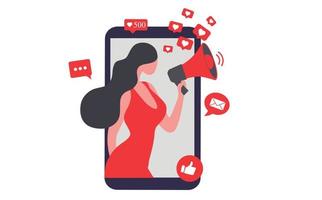 woman shouting in loud speaker with social media icons. Influencer social media marketing, blogger, vlogging, vlogger, social influencer and influencer marketing concept vector illustration