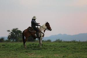 vaquero a caballo contra una hermosa puesta de sol, vaquero y caballo a primera luz, montaña, río y estilo de vida con fondo de luz natural foto