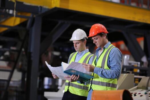 Men industrial engineer wearing a safety helmet while standing in a heavy industrial factory. The Maintenance looking of working at industrial machinery and check security system setup in factory. photo