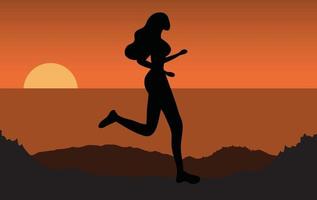 Silhouette of running woman on sunset background vector