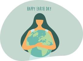 mujer sosteniendo el mundo con texto feliz día de la tierra ilustración vectorial día de la tierra, salvar el planeta, el calentamiento global y el concepto de cambio climático vector