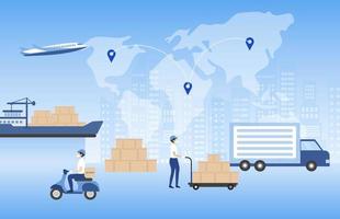 Red de distribución logística global. exportación, importación, negocio de almacén, transporte. logística comercial, entrega de envío por camión, avión, ilustración de vectores de motocicletas