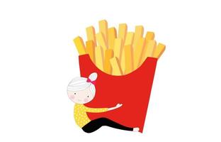 Linda chica abrazando la caja de papas fritas ilustración vectorial