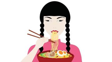 mujer china comiendo fideos ilustración vectorial vector