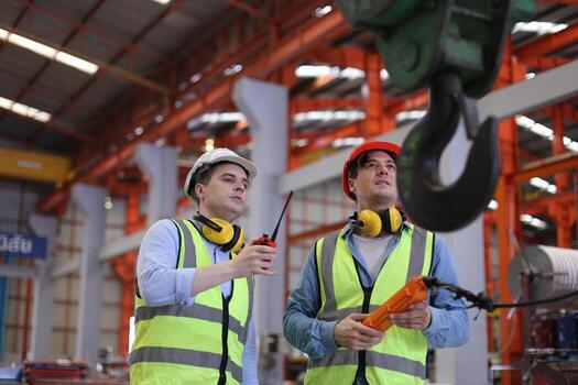 Industry worker Foreman or worker work at factory site check up machine or products in site. Engineer or Technician checking Material or Machine on Plant. Industrial and Factory. photo