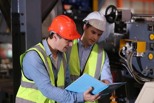 Men industrial engineer wearing a safety helmet while standing in a heavy industrial factory. The Maintenance looking of working at industrial machinery and check security system setup in factory. photo
