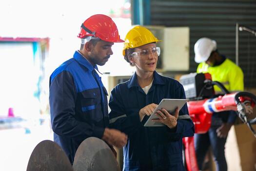 Industrial engineer or worker wearing a helmet while standing in a heavy industrial factory. The Maintenance looking of working at industrial machinery and check security system setup in factory. photo