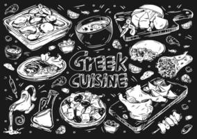 Hand drawn vector illustration food. Doodle Greek cuisine on black board, olives and olive oil, moussaka, grilled meat, gyros, souvlaki, pastitsio, hummus, cheese