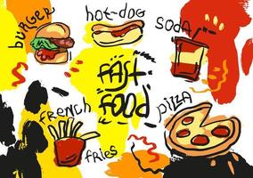 Set of hand drawn food isolated on white and color background, doodle of fast food. Colored vector illustration, burger, french free, hot-dog, pizza, soda