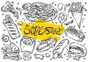 Hand drawn vector line illustration. Doodle collection street food menu, burger, sandwich, french fries, french hot dog, sauce, pizza, potatoes, bao, onion rings, shawarma