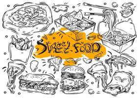 Hand drawn vector line illustration on white background. Doodle collection street food menu, burger, sandwich, noodles, pizza, nachos, potato wedges, calzone, sauce