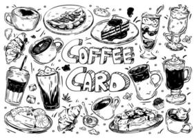 menú de comida y bebida de ilustración vectorial dibujada a mano. doodle tarjeta de café, americano, capuchino, latte macchiato, frapé, mocaccino, tarta de queso, croissant, postres