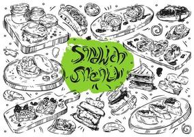 comida de ilustración vectorial de línea dibujada a mano sobre fondo blanco. menú de sándwiches, sándwiches, bruschetta, crostini, hamburguesa