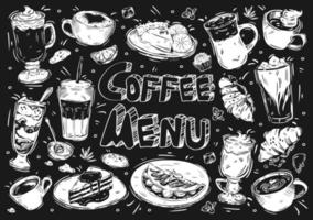 Hand drawn vector illustration food and drink on black board. Doodle coffee menu, americano, cappuccino, latte macchiato, frappe, mocaccino, cheesecake, croissant, desserts