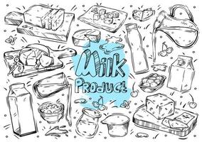 Hand drawn vector line illustration food and drink. Doodle milk product, milk, yogurt, cheese, butter, cottage cheese, whey, ingredients, kefir, packaging