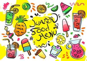 Set of hand drawn isolated illustration on yellow background. Doodle of summer food menu, ice-cream, juice, watermelon, kiwi, pineapple, mojito, orange, lime vector