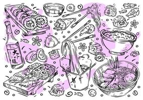 Hand drawn vector line illustration food on white board. Doodle Japanese cuisine, rolls, sushi, nigiri, noodles, udon, rice, soy sauce, onigiri, sashimi, wagashi, tofu, fish, bento, desserts, mochi