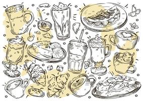 Hand drawn line vector illustration food and drink menu on white board. Doodle coffee and desserts card, americano, cappuccino, latte macchiato, frappe, mocaccino, cheesecake, croissant