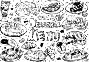 comida de ilustración vectorial dibujada a mano. menú de postres de garabatos, tarta de queso, croissant, sorbete de arándanos, panqueques con plátano, rosquillas, pastel de pasas, cereza, limón, menta, miel vector