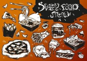 Hand drawn vector illustration. Doodle street food menu, burger, sandwich, noodles, pizza, nachos, potato wedges, calzone, gyros, sauce