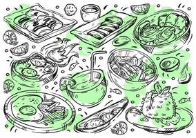 Hand drawn line vector illustration food on white board. Doodle Thai cuisine, meat sua rong hai, pad krapow, tom yum soup, khao pad gai, pineapple fred rice, banana roti, chicken satay, coconut juice