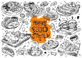 ilustración vectorial dibujada a mano sobre fondo blanco. menú de comida del restaurante doodle de dibujos animados, hamburguesa, pepitas, salchichas, nachos, panqueques, quesos, carne, bruschetta, emparedado, papas fritas, salsa, tacos vector