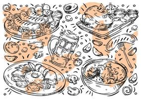 Hand drawn line vector illustration on white background. Doodle Czech cuisine, food, beer, meat, sausages, drumstick, Tatar steak, cream soup with mushrooms, tomatoes