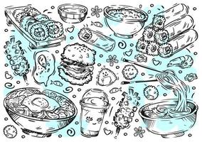 Hand drawn vector line illustration food on white board. Doodle Korean cuisine, rolls, meat, rice burger,desert, gimbap, bibimbap, noodles, jjajangmyeon, onigiri, milkshake