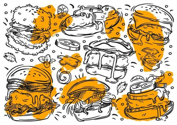 Hand drawn line vector illustrations food with graphic of burger on the white background. Vintage elements, ingredients, sauce