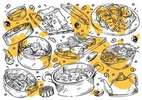 comida de ilustración de línea vectorial dibujada a mano. doodle cocina china, rollitos de primavera, sopa tom yum, ramen, albóndigas har gow, salsa de soja, té verde, yue bing, estofado, tallarines, bao, arroz, carne de pato pekín vector