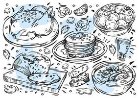 Hand drawn line vector illustration food. Doodle Russian cuisine, soup, meat, chicken, cucumbers, pancakes, bread