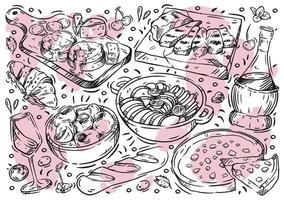 Hand drawn line vector illustration food on white board. Doodle French cuisine, ratatouille, blue cheese, wine, baguette, pie, snails, croissant, grill meat
