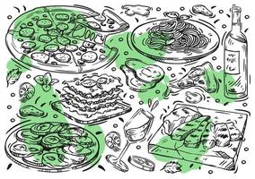 Hand drawn vector line illustration food on white board. Doodle Italian cuisine, pizza, grill meat, pasta, lasagna, caprese, white wine