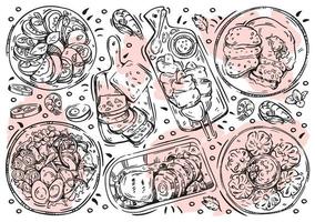 Hand drawn line vector illustration food on white board. Doodle dishes collection, caprese, sausages in dough, falser hase, khinkali, bread, cobb salad, puree, seafood