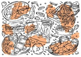 comida de ilustración de vector de línea dibujada a mano. doodle cocina americana, hot-dog, papas fritas, sándwich, tomate, albóndigas, donuts, pastel, merienda de pollo