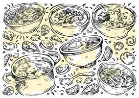 Hand drawn line vector illustration food. Doodle types of soup, cuisines of different countries, cream soup, mushroom soup, seafood soup, ramen, hodgepodge, ingredients