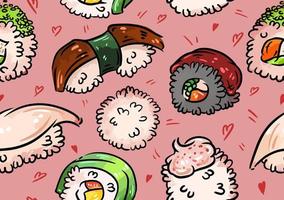 Doodle hand drawn sushi, nigiri, gunkan, onigiri, seafood collection. Colored vector seamless pattern. Pink background. Japan, Korean, asian food. Rice, fish, caviar.