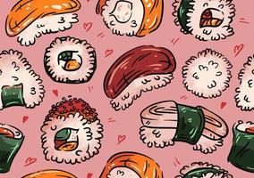 Hand drawn various sushi, nigiri, gunkan, onigiri, seafood. Colored vector seamless pattern. Pink background. Japan, Korean, asian food. Rice, fish, caviar.
