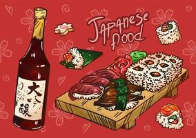 Japanese cuisine illustration. Hand drawn sketch. Rolls, sushi, rice, soy sauce. Japanese street food, take away menu design. Vector color set