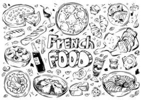 Hand drawn vector illustration. Doodle French food, ratatouille, souffle, wine, cheese, boeuf, bourguignon, bread, snails, macaroon, souffle
