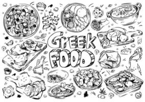Hand drawn vector illustration. Doodle Greek food, olives and olive oil, moussaka, grilled meat, gyros, souvlaki, pastitsio, hummus