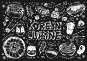 comida de ilustración vectorial dibujada a mano. doodle cocina de corea, rollos, samgyeopsal, carne, hamburguesa de arroz, desierto binsu, tteokbokki, gimbap, bibimbap, tallarines, jjajangmyeon, onigiri, leche