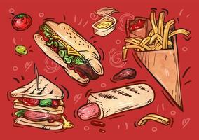 ilustración de comida rápida. boceto dibujado a mano. hot dog francés, papas fritas, sándwich, salsa. recogida de comida callejera, diseño de menú para llevar. conjunto de colores de garabatos vectoriales