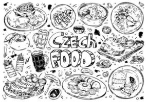 Hand drawn vector illustration. Doodle Czech food, roast duck, beer, trdelnik, sirloin in cream, goulash, kulajda, cream soup, tartare, tomato sauce, cakes, deserts